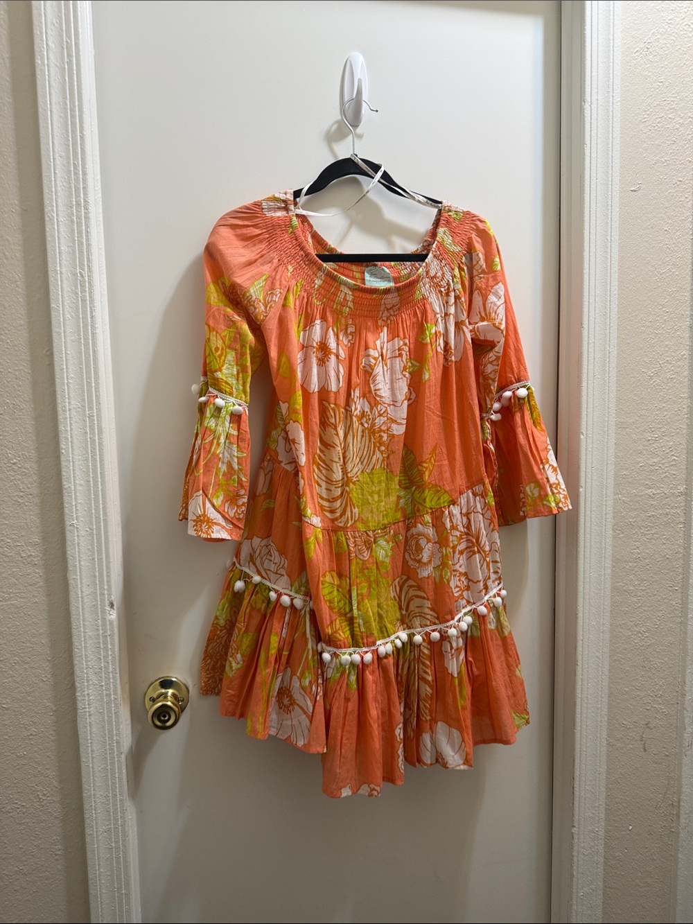 Women's Orange Floral Tiered Midi Dress with Pom-Pom Trim